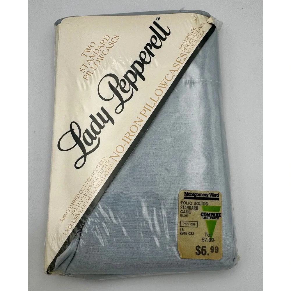 Vtg Lady Pepperell Solid Blue Pillowcases 2pc Set USA Cottagecore Percale